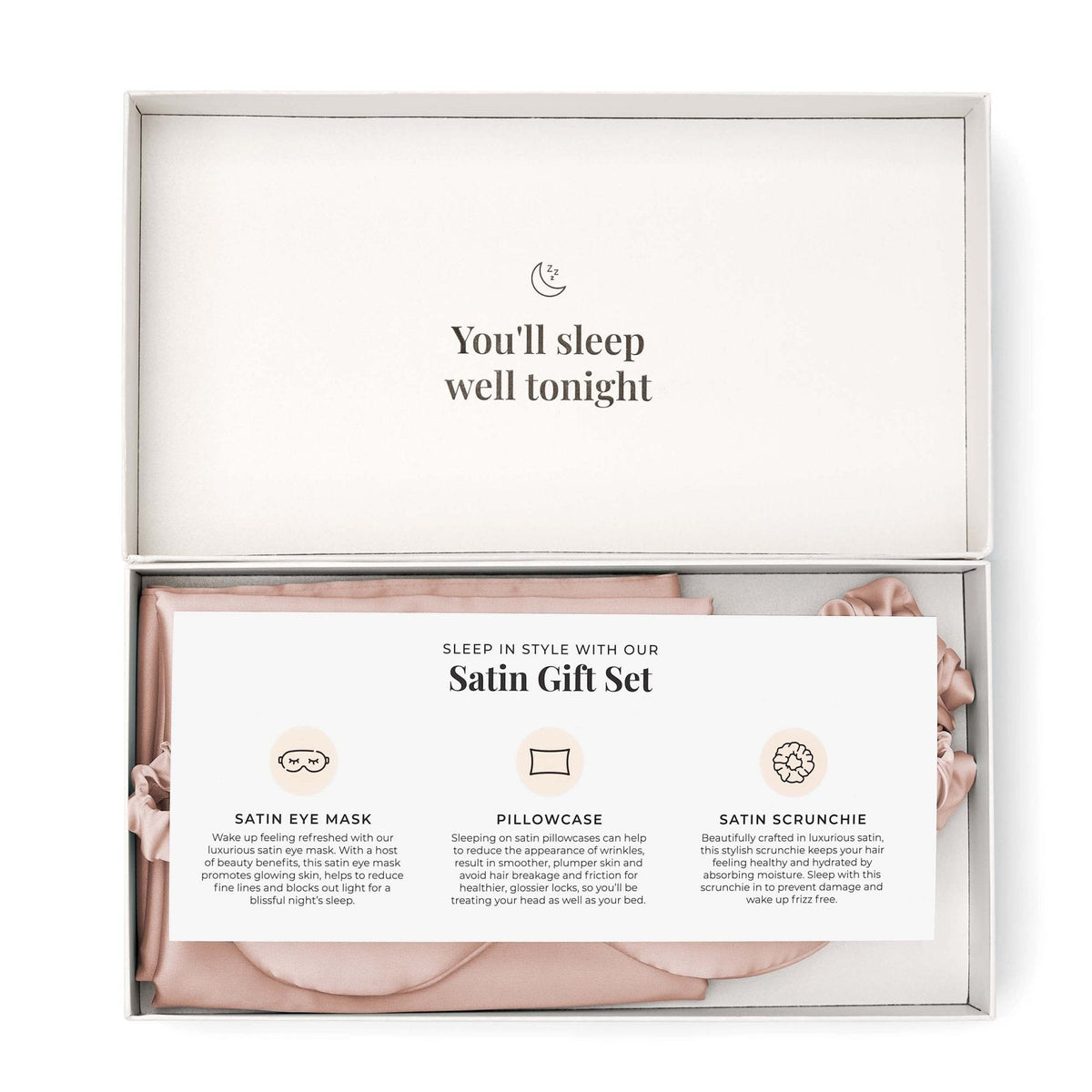 Dusklia - Satin Pillowcase, Eye Mask and Hair Tie Gift Set - Pink