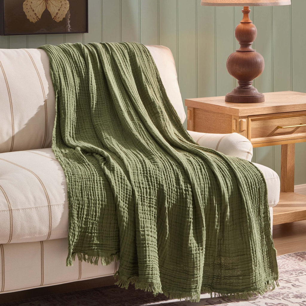 Dusklia - Savannah Four Layer Tufted Muslin Sofa Throw - Olive Green