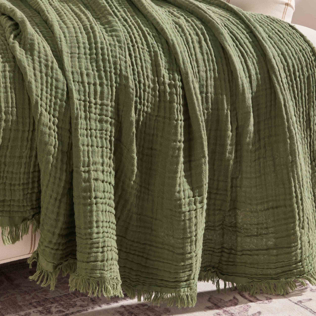 Dusklia - Savannah Four Layer Tufted Muslin Sofa Throw - Olive Green