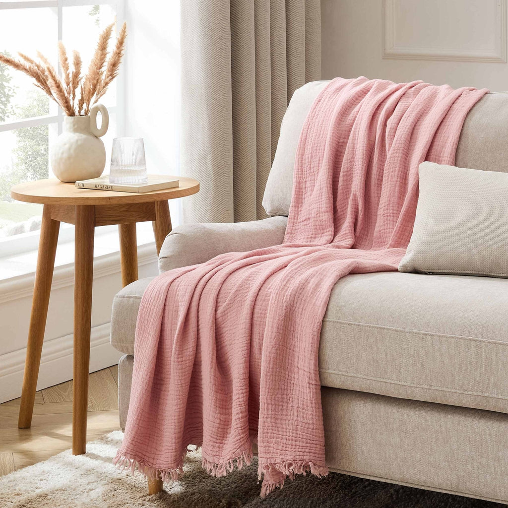 Dusklia - Savannah Four Layer Tufted Muslin Sofa Throw - Rose