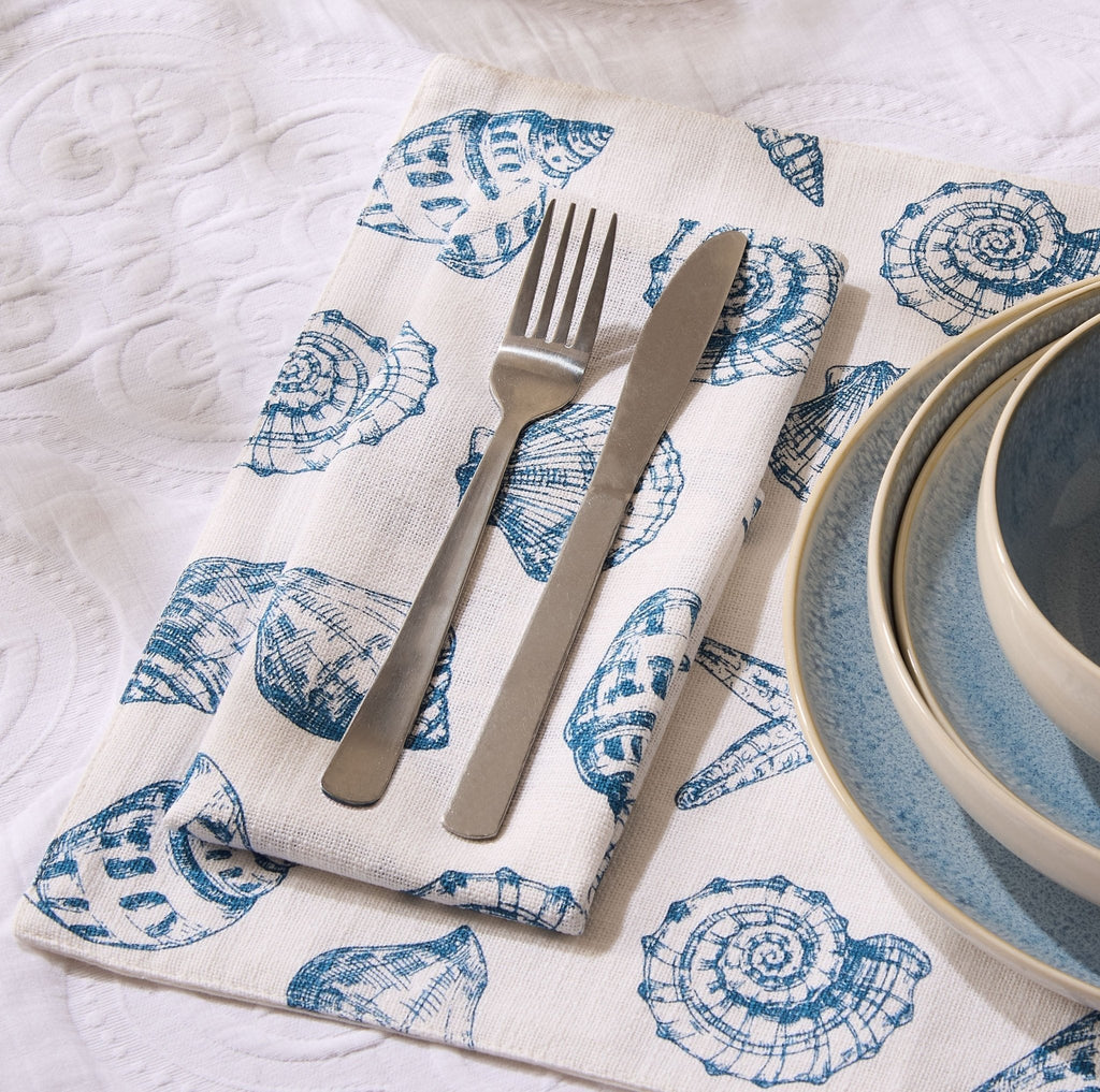 Dusklia - Shell Print Set of 4 Napkins - Natural/ Blue