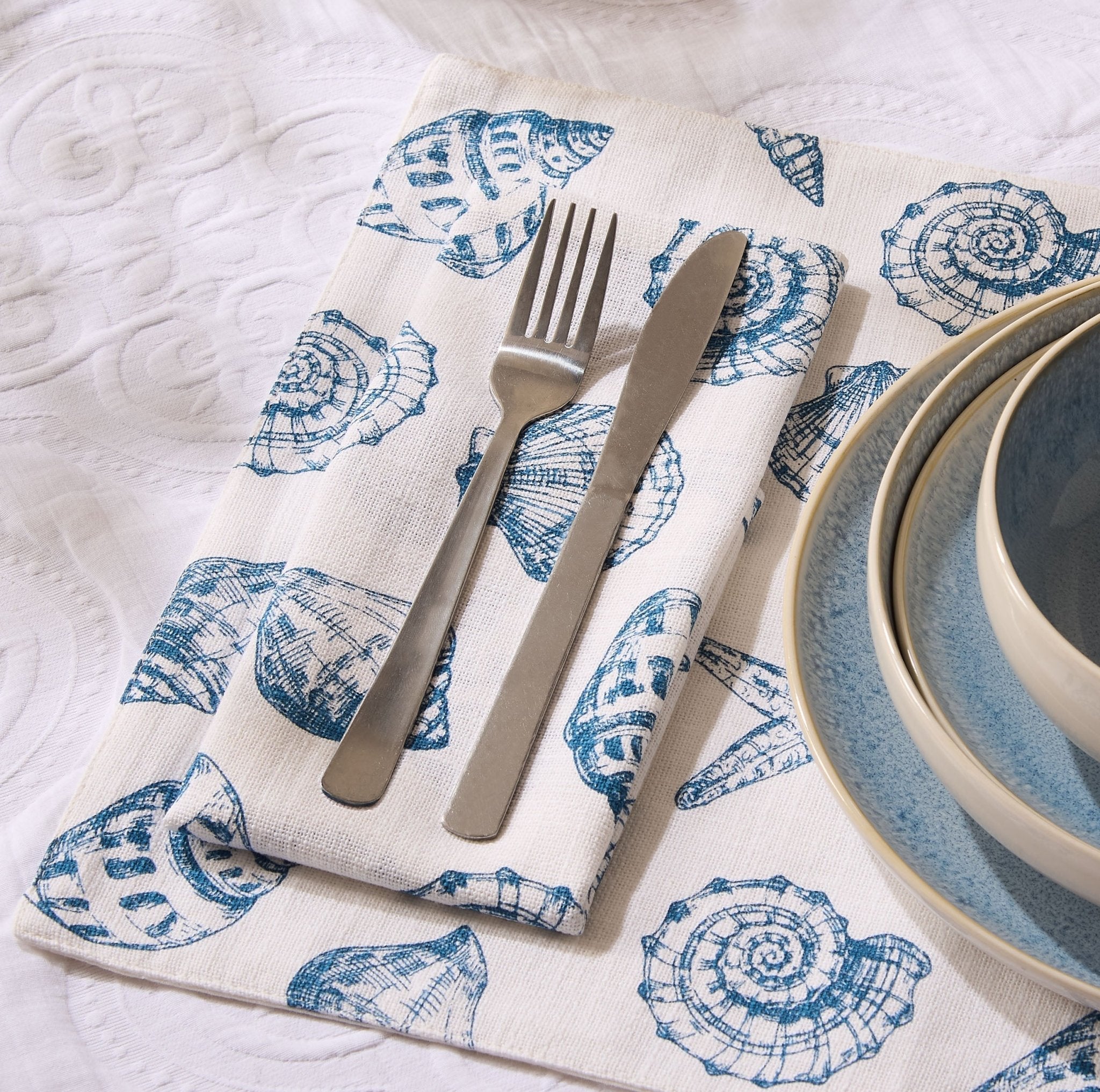Dusklia - Shell Print Set of 4 Napkins - Natural/ Blue
