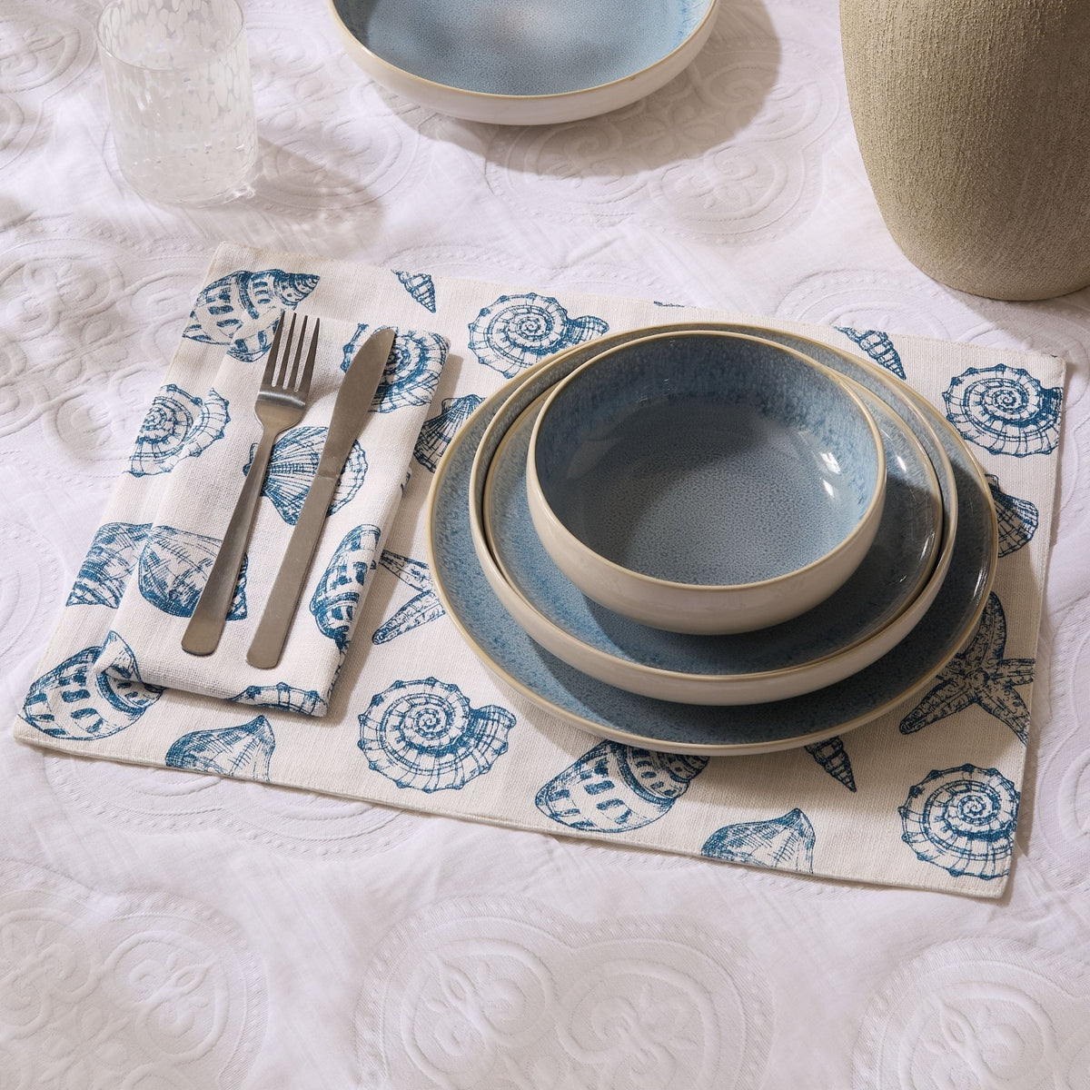 Dusklia - Shell Print Set of 4 Placemats - Natural/ Blue