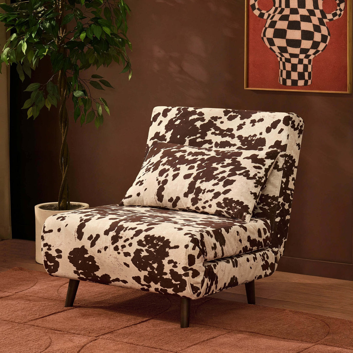 Dusklia - Seattle Single Click Clack Sofa Bed - Brown Cow Print