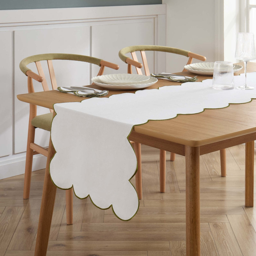 Dusklia - Simone Scallop Edge Table Runner - Off White/Olive