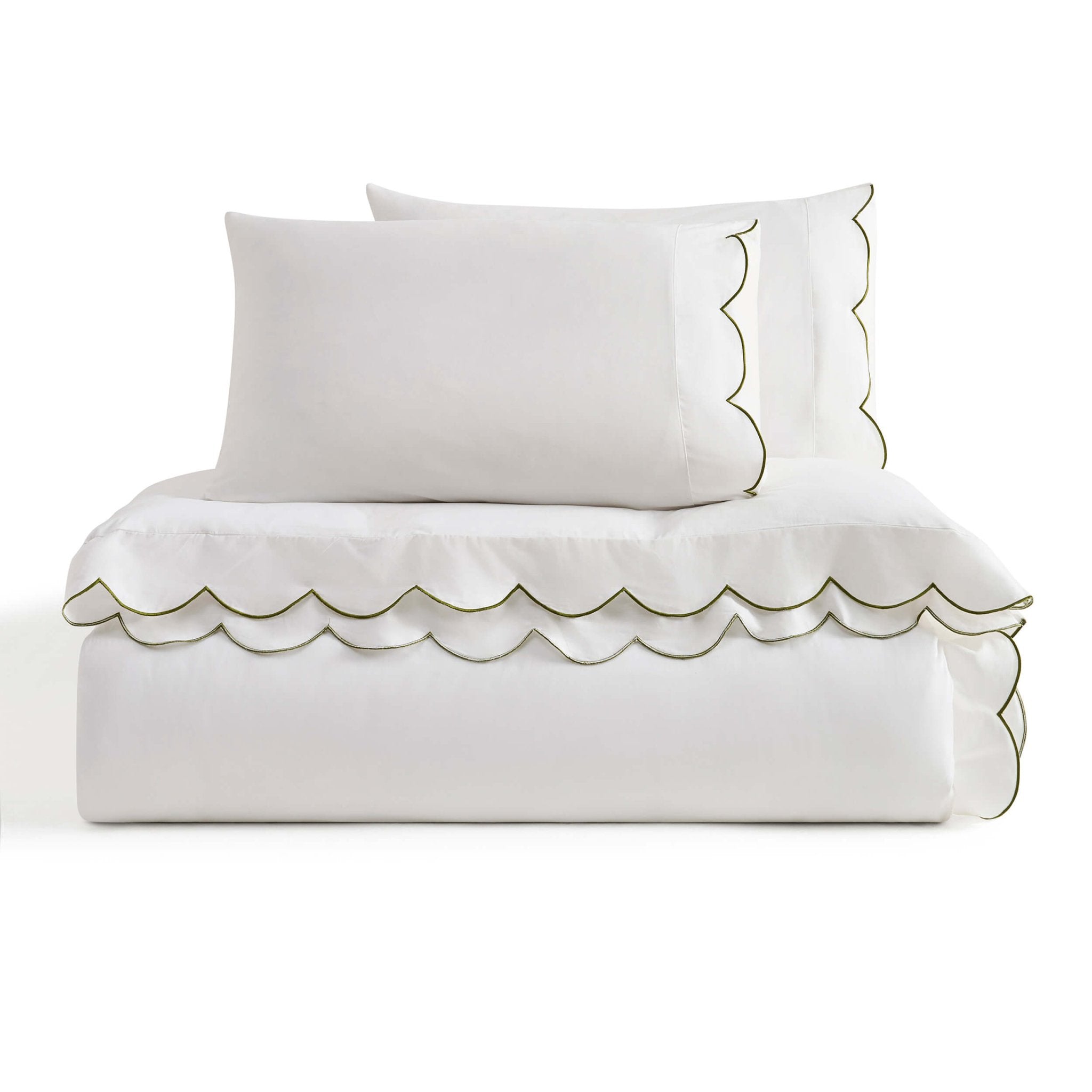 Dusklia - Simone 220 Thread Count Scallop Embroidered Edge Duvet Cover - Off White/Olive
