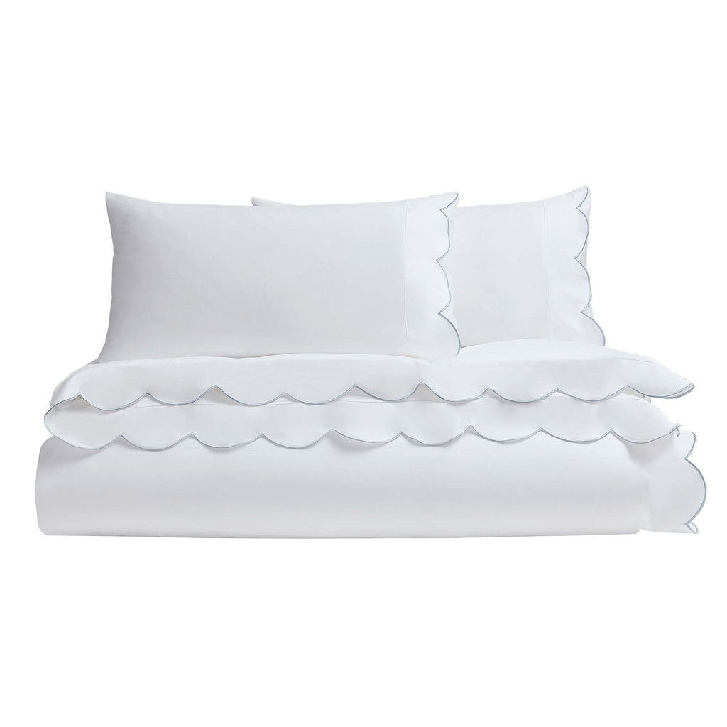 Dusklia - Simone 220 Thread Count Scallop Embroidered Edge Duvet Cover - White/Blue