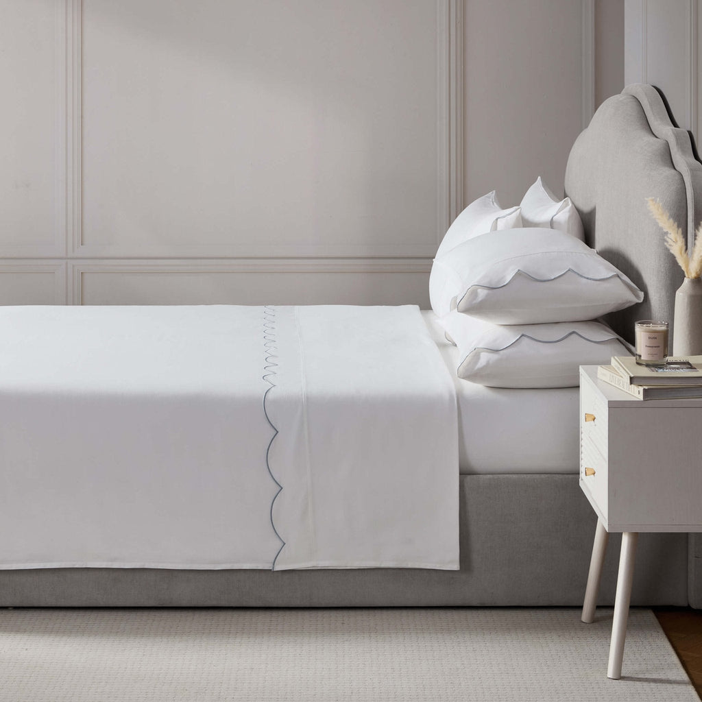 Dusklia - Simone Scallop Embroidered Edge Flat Sheet - White/Blue