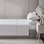 Dusklia - Simone Scallop Embroidered Edge Flat Sheet - White/Blue