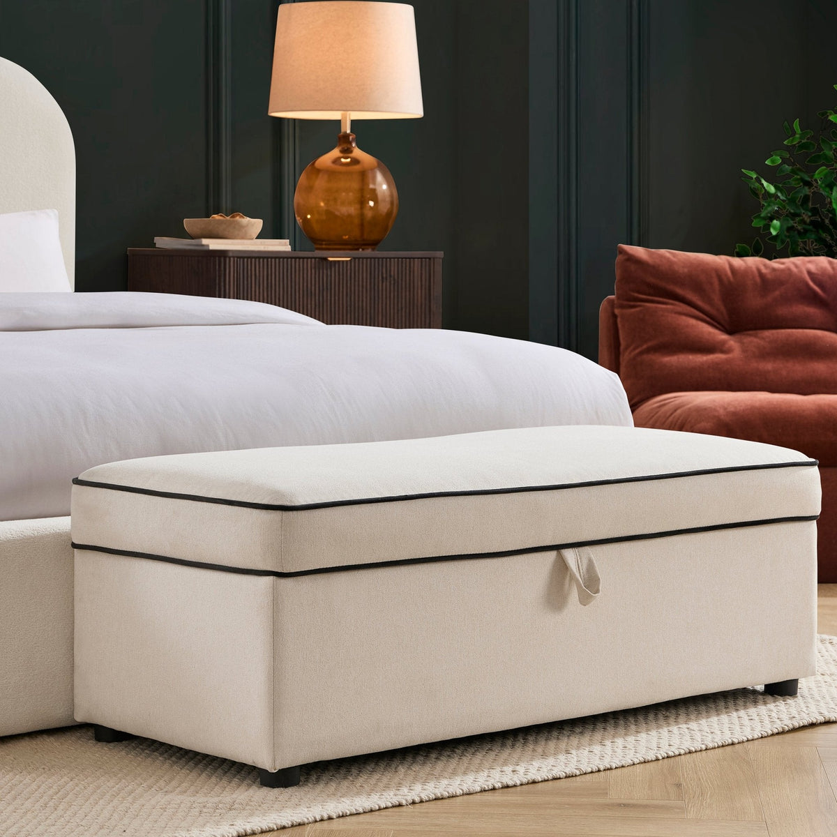 Dusklia - Soho Rectangle Ottoman Storage - Cream Linen/Black