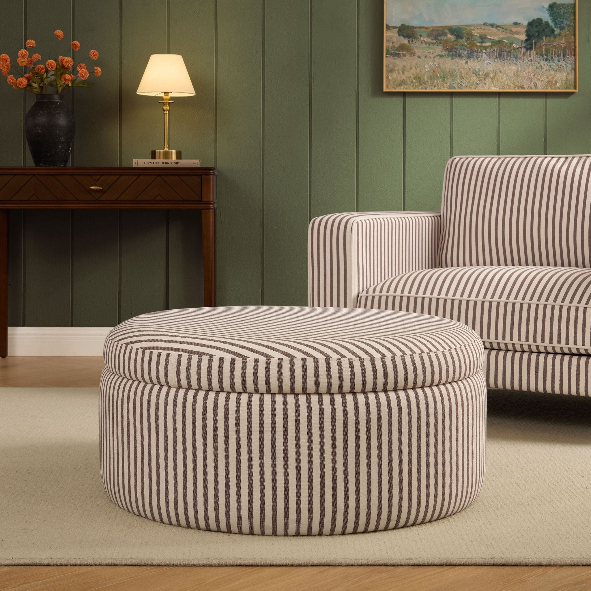 Dusklia - Stockton Round Storage Pouffe - Chocolate Stripe