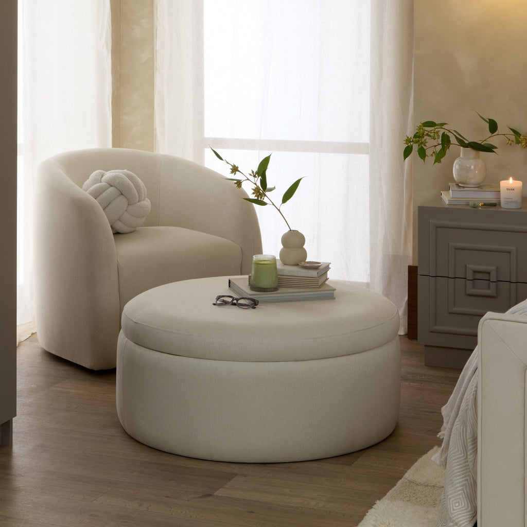 Dusklia - Stockton Round Storage Pouffe - Cream Linen