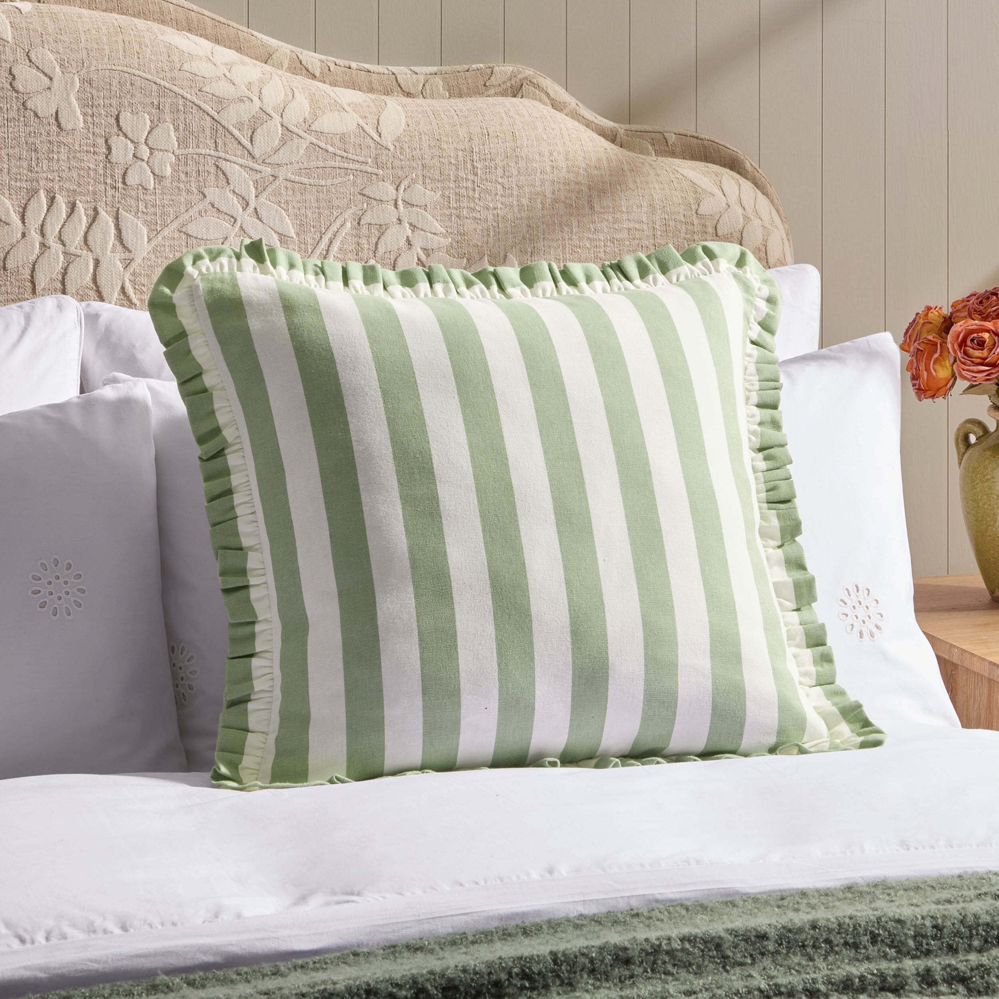Dusklia - Stripe Frill Edge Cushion Cover - Sage