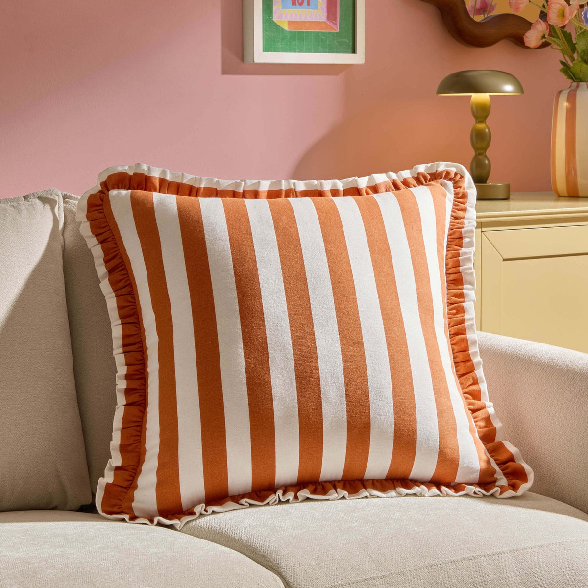 Dusklia - Stripe Frill Edge Sofa Cushion Cover - Burnt Orange