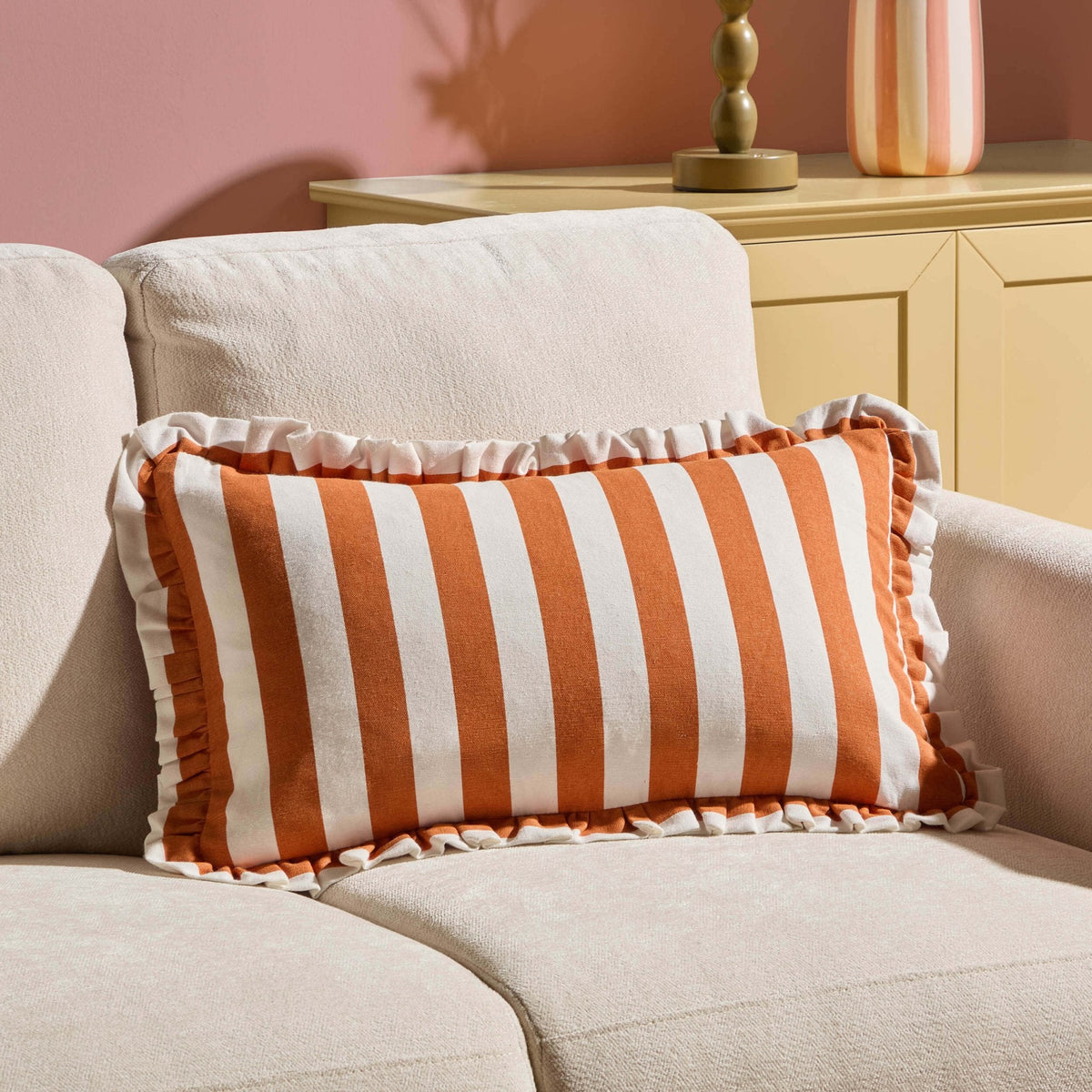 Dusklia - Stripe Frill Edge Sofa Cushion Cover - Burnt Orange