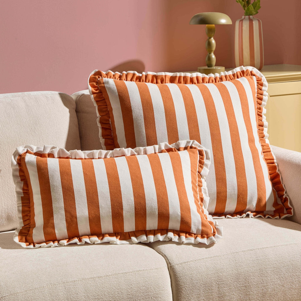 Dusklia - Stripe Frill Edge Sofa Cushion Cover - Burnt Orange