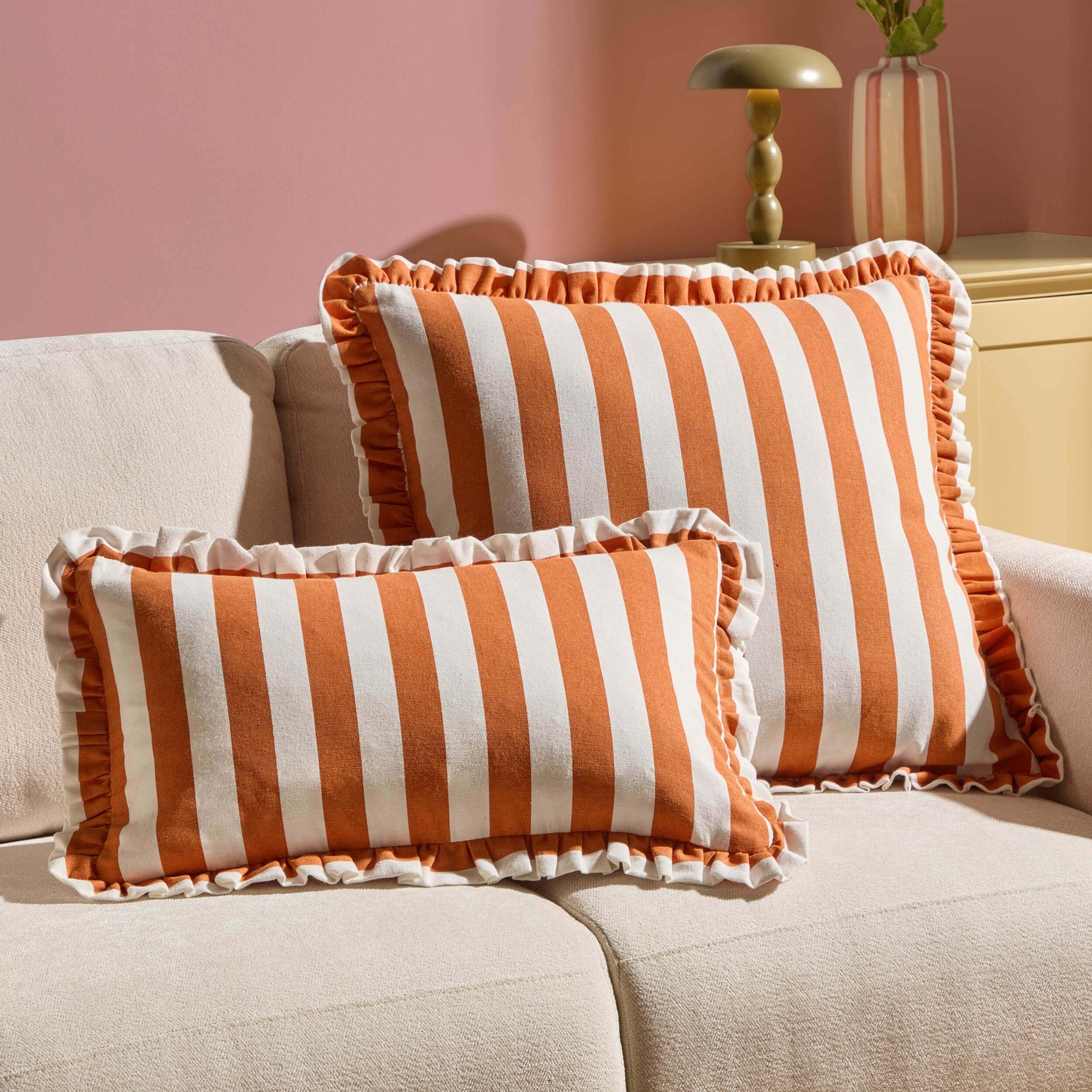 Dusklia - Stripe Frill Edge Sofa Cushion Cover - Burnt Orange