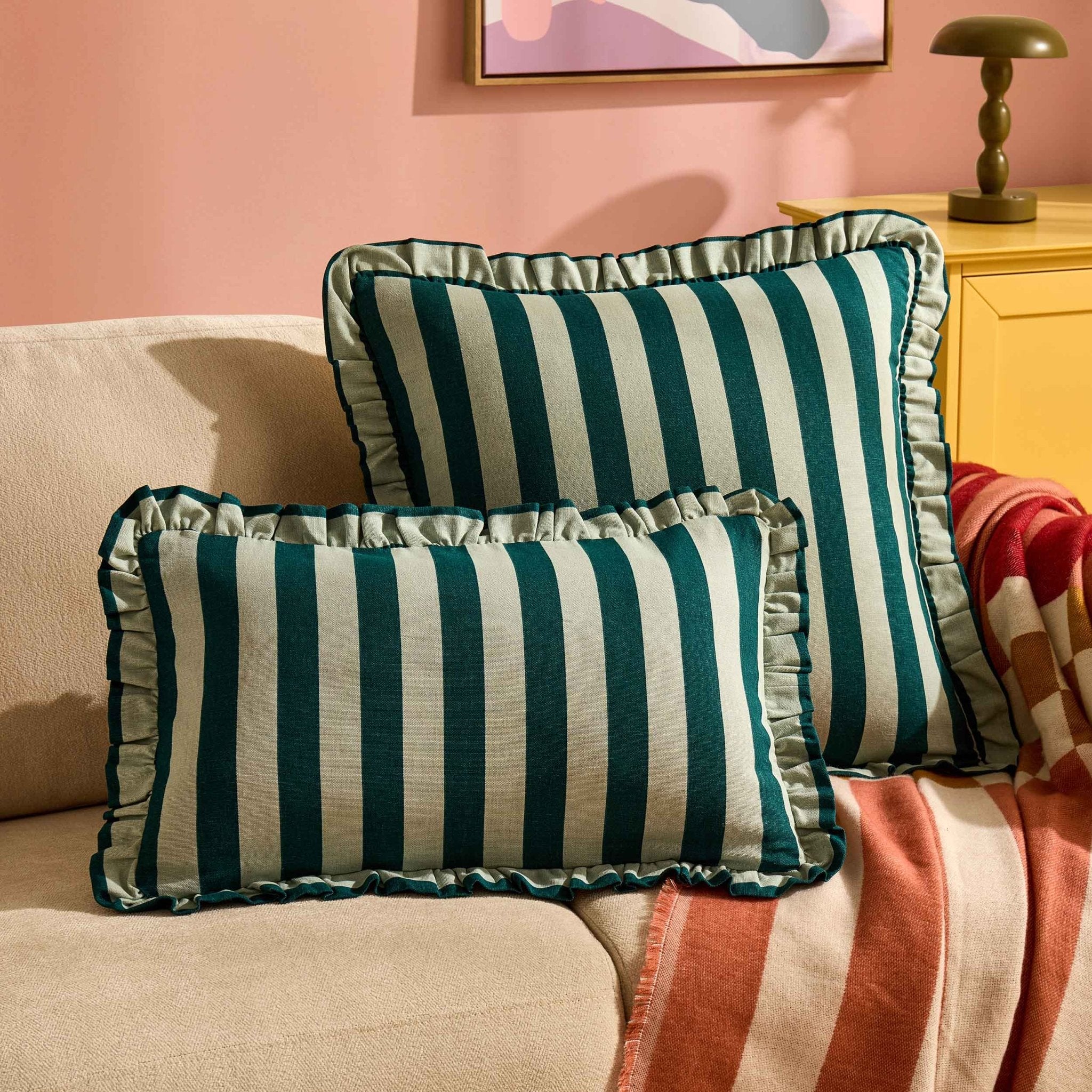 Dusklia - Stripe Frill Edge Sofa Cushion Cover - Green