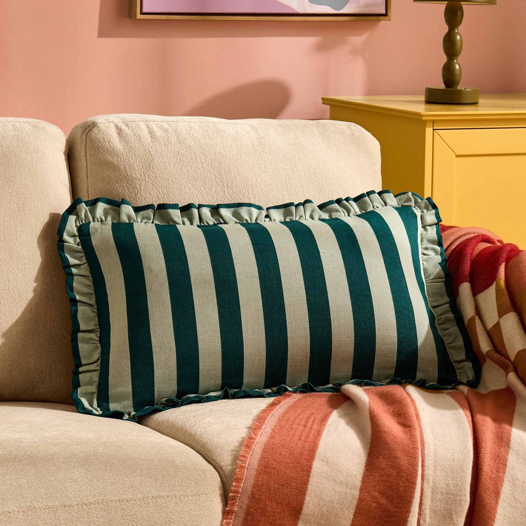 Dusklia - Stripe Frill Edge Sofa Cushion Cover - Green