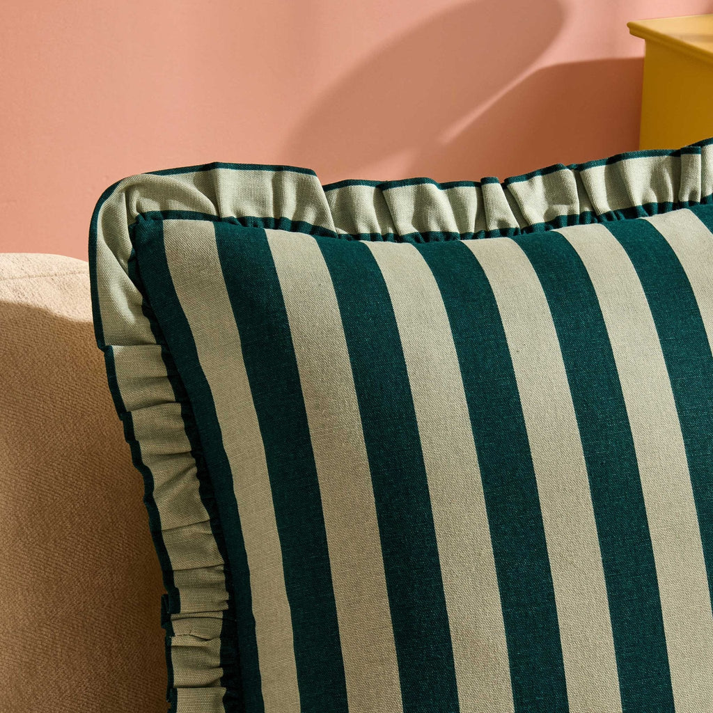 Dusklia - Stripe Frill Edge Sofa Cushion Cover - Green