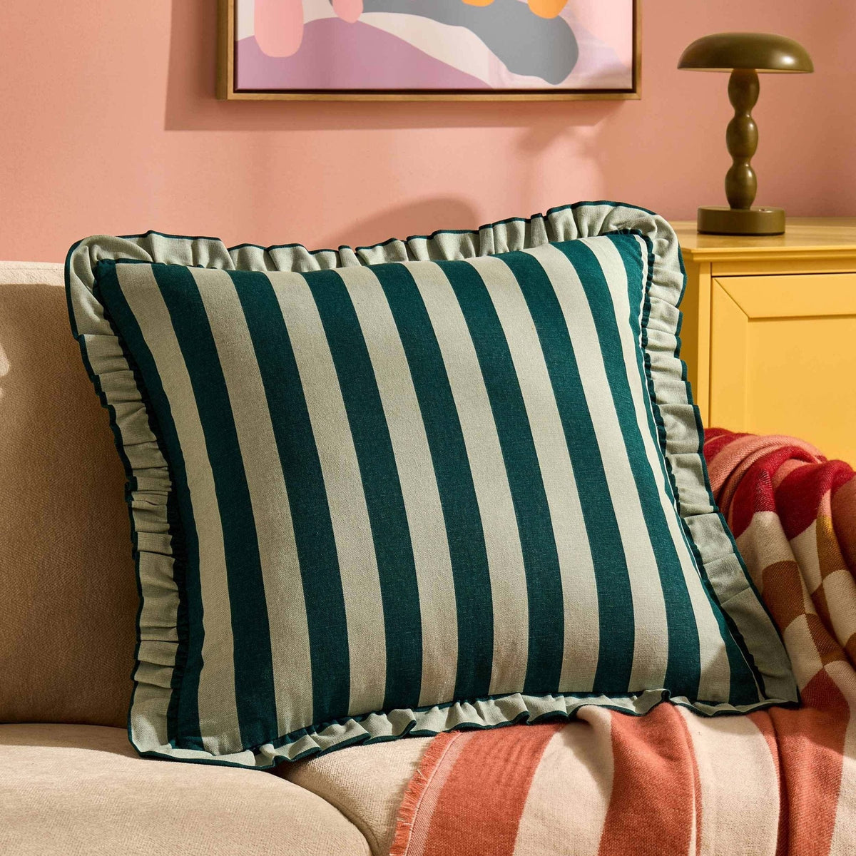 Dusklia - Stripe Frill Edge Sofa Cushion Cover - Green