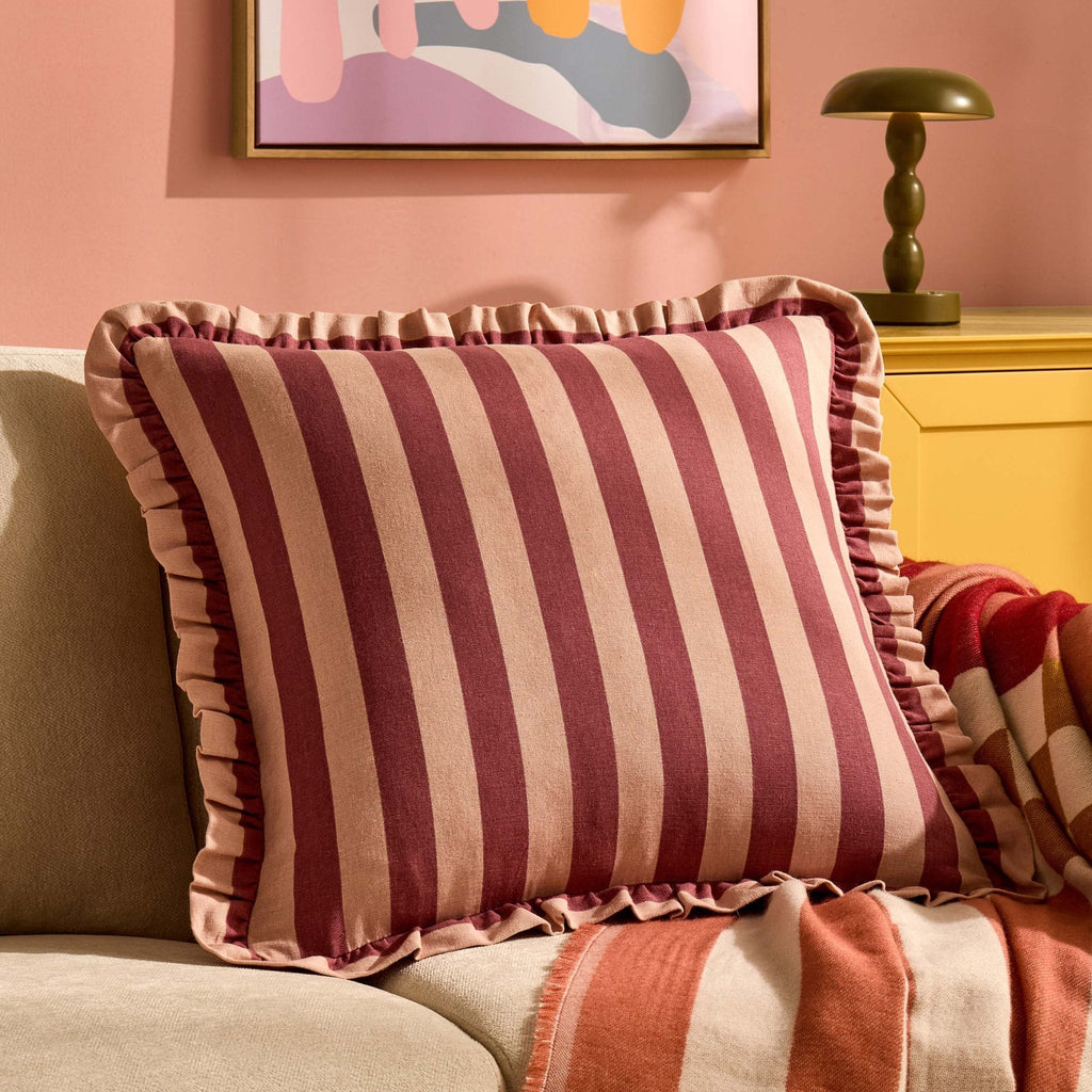 Dusklia - Stripe Frill Edge Sofa Cushion Cover - Pink