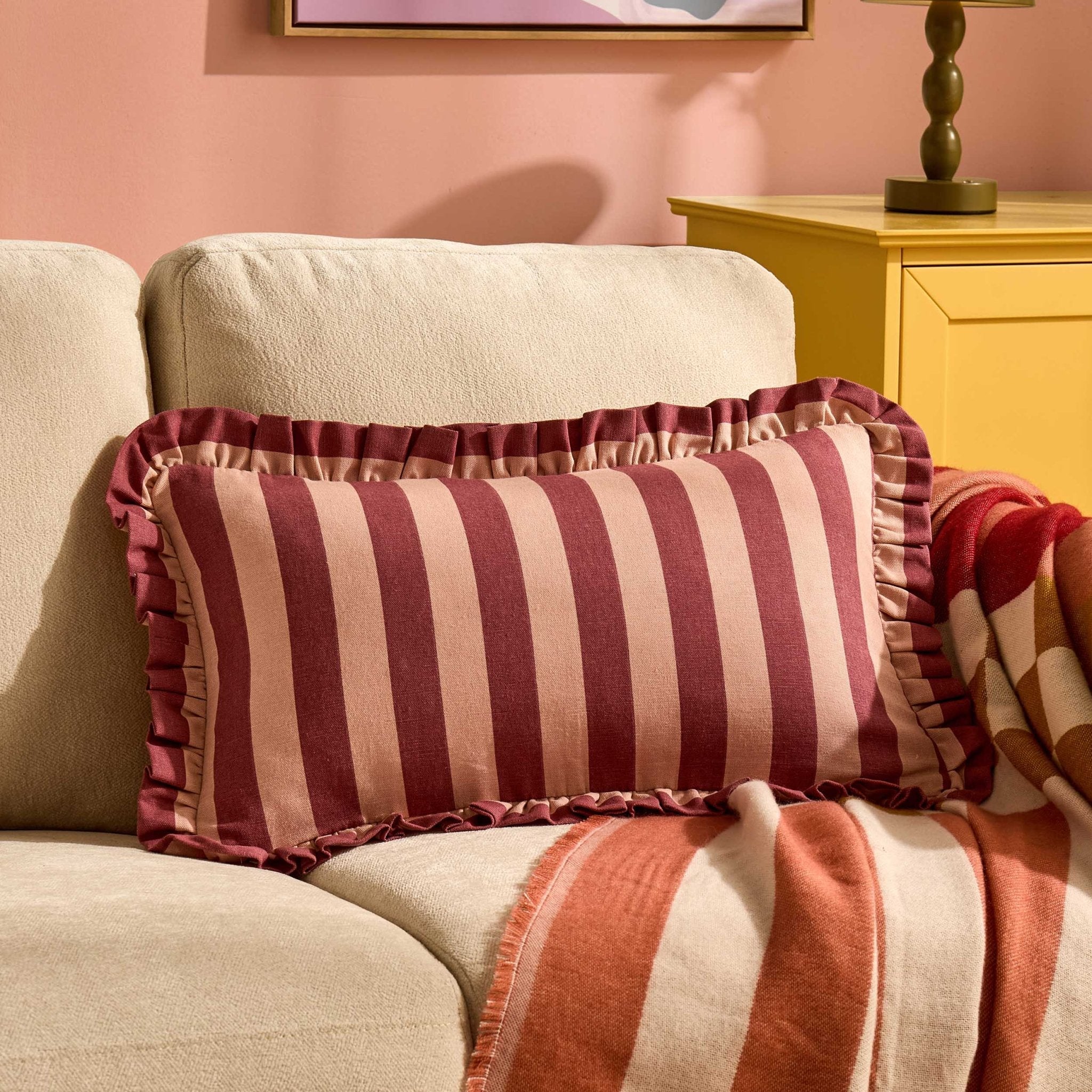 Dusklia - Stripe Frill Edge Sofa Cushion Cover - Pink