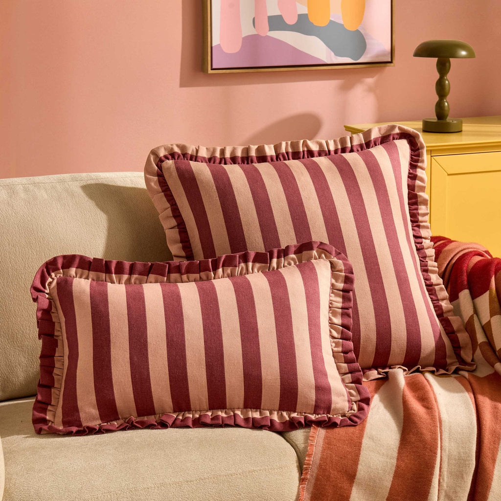 Dusklia - Stripe Frill Edge Sofa Cushion Cover - Pink
