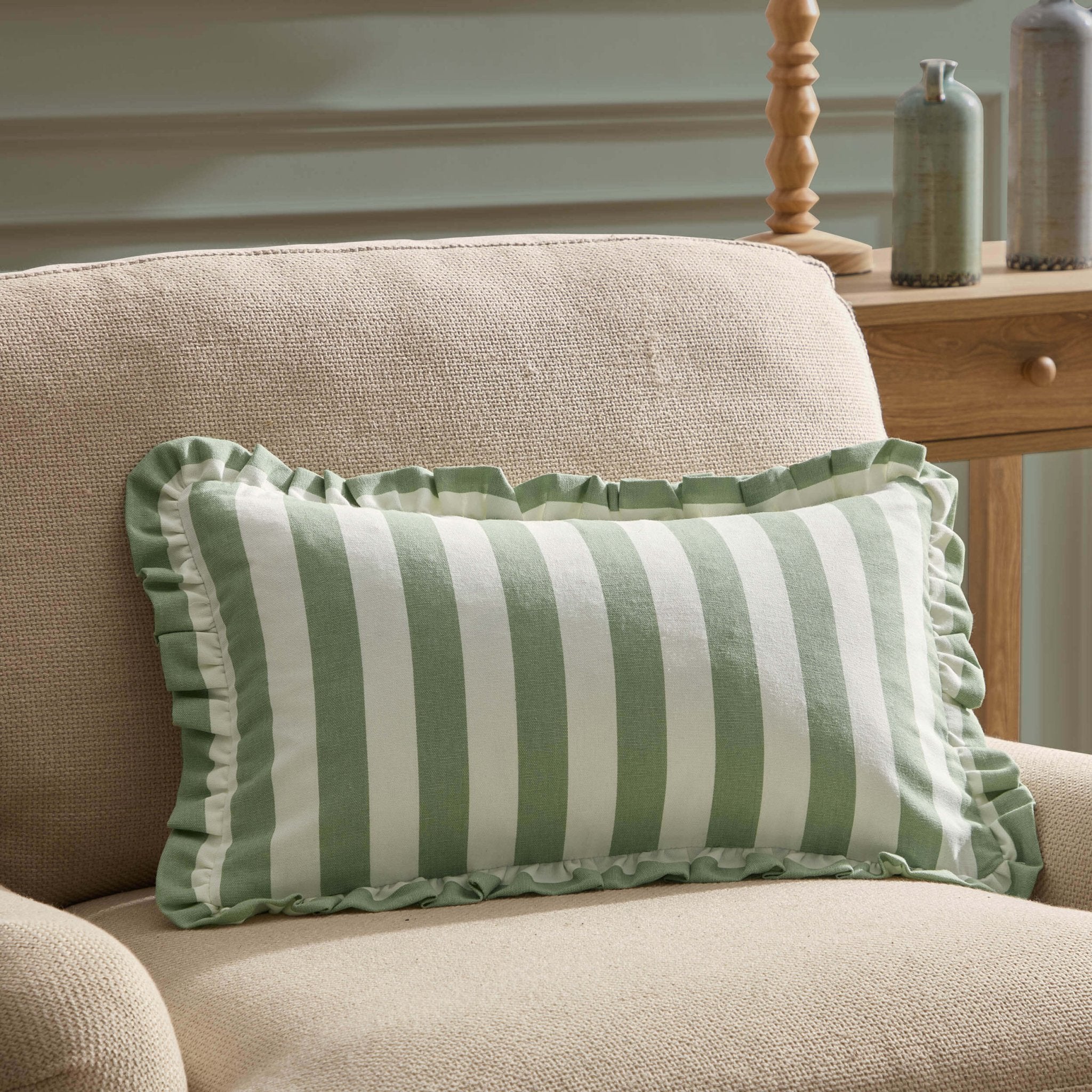 Dusklia - Stripe Frill Edge Sofa Cushion Cover - Sage