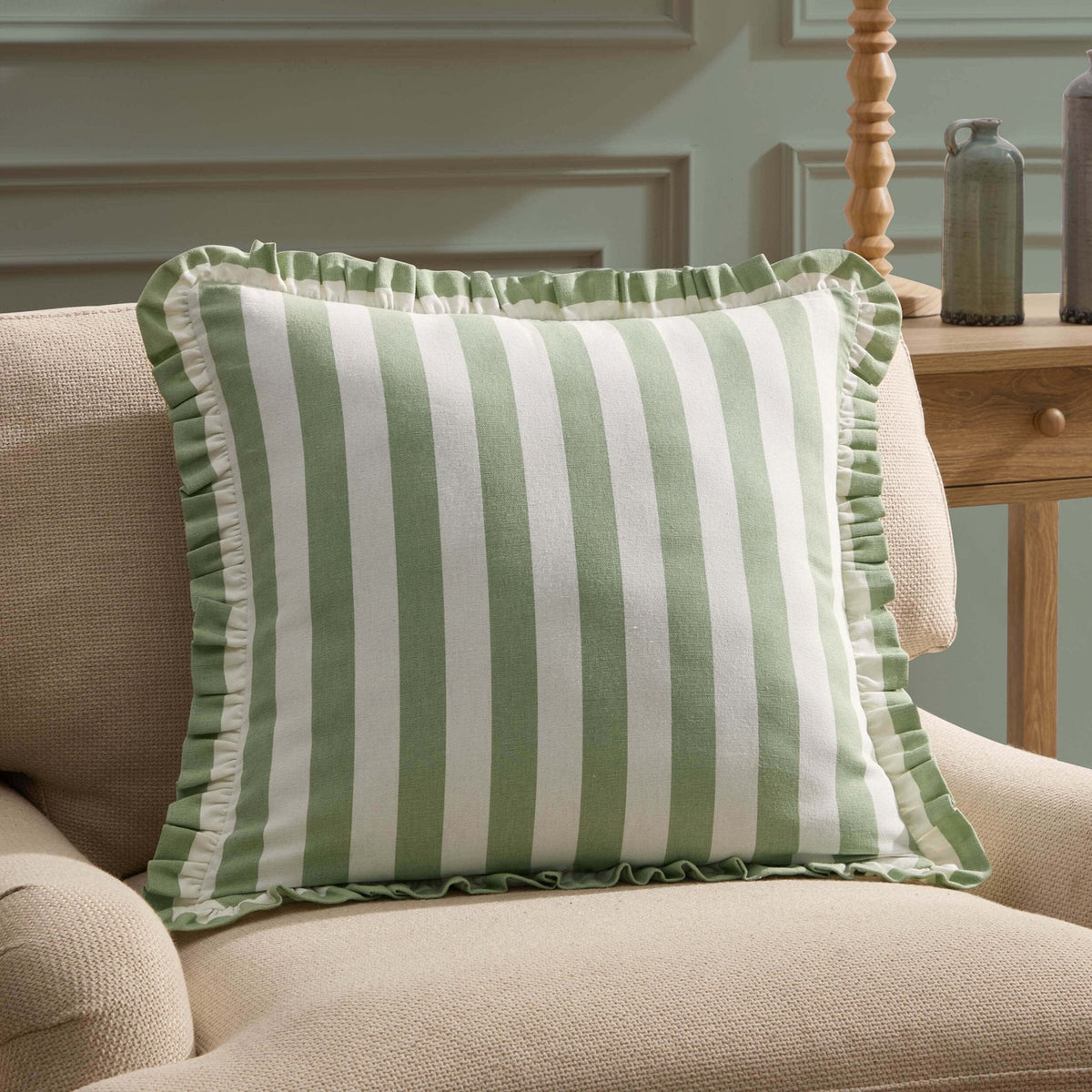 Dusklia - Stripe Frill Edge Sofa Cushion Cover - Sage
