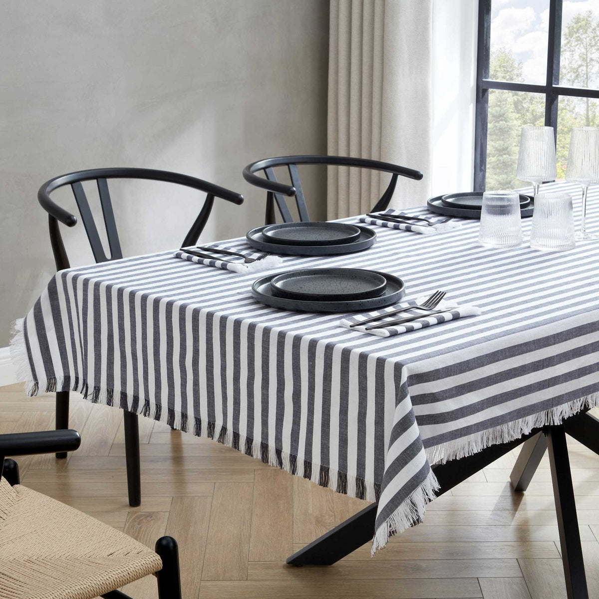 Dusklia - Stripe Fringed Edge Tablecloth - Navy