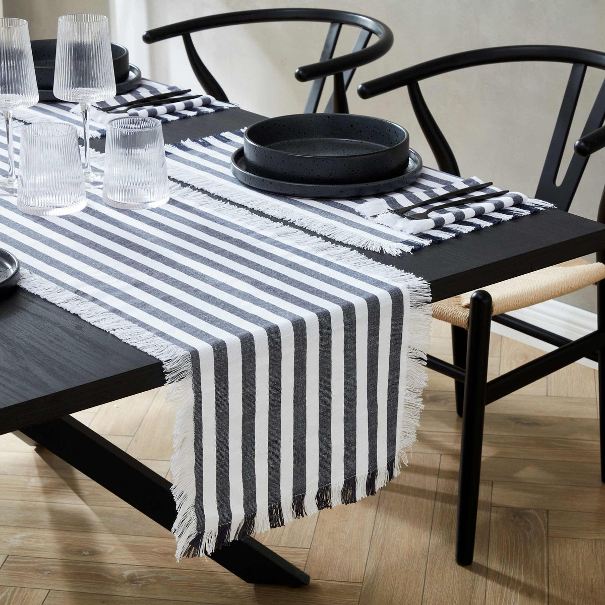 Dusklia - Stripe Fringed Edge Table Runner - Navy