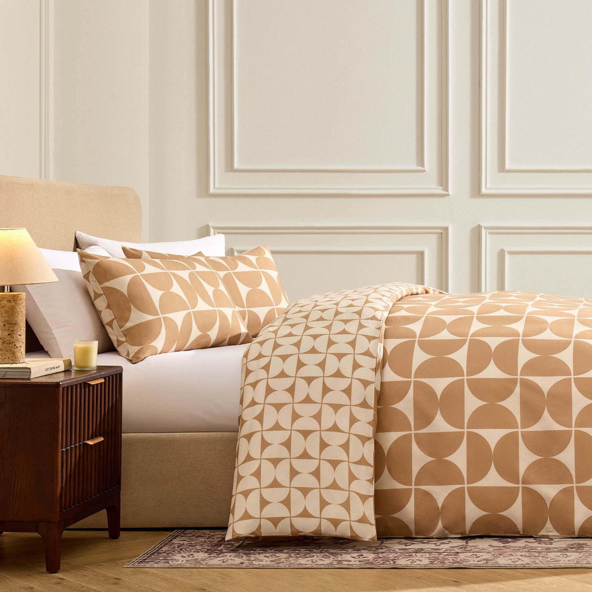 Dusklia - Suki 100% Cotton Geo Print Reversible Duvet Cover & Pillowcase Set - Stone