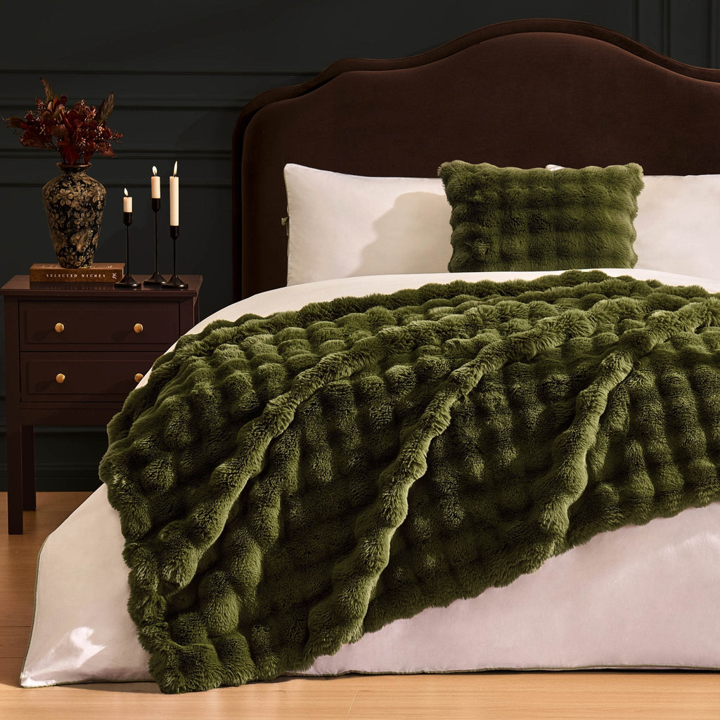 Plaid de canapé super doux en fausse fourrure à pompons – Vert