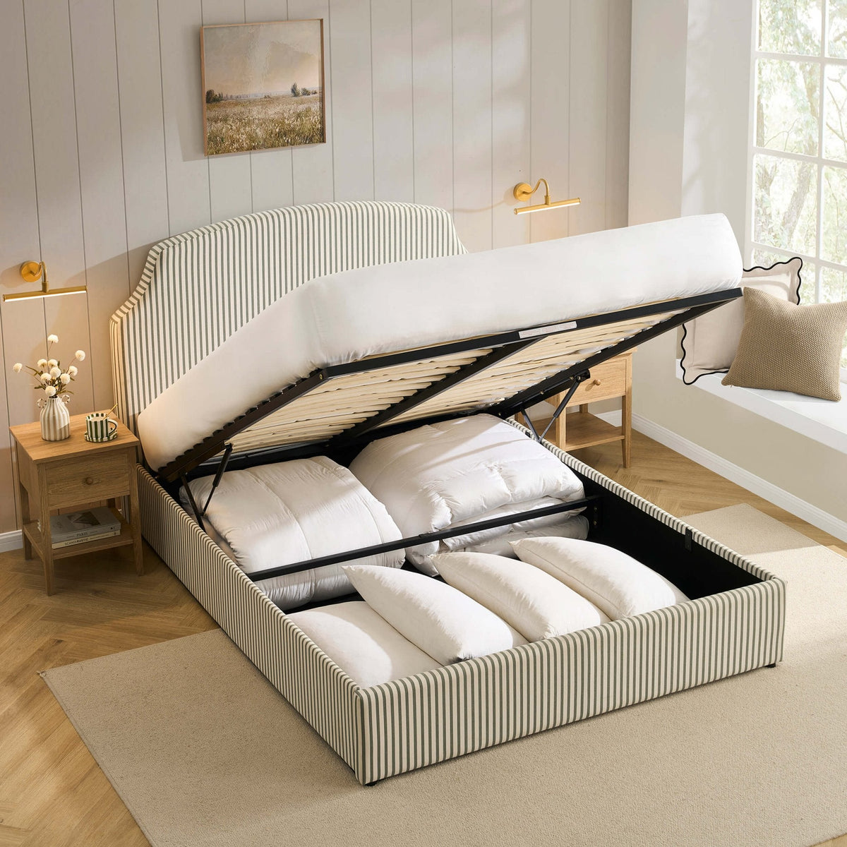 Dusklia - Surrey Ottoman Storage Bed - Sage Stripe