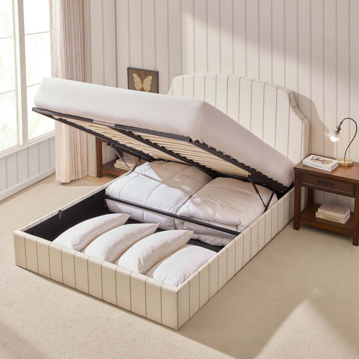 Dusklia - Surrey Ottoman Storage Bed - Thin Natural Stripe