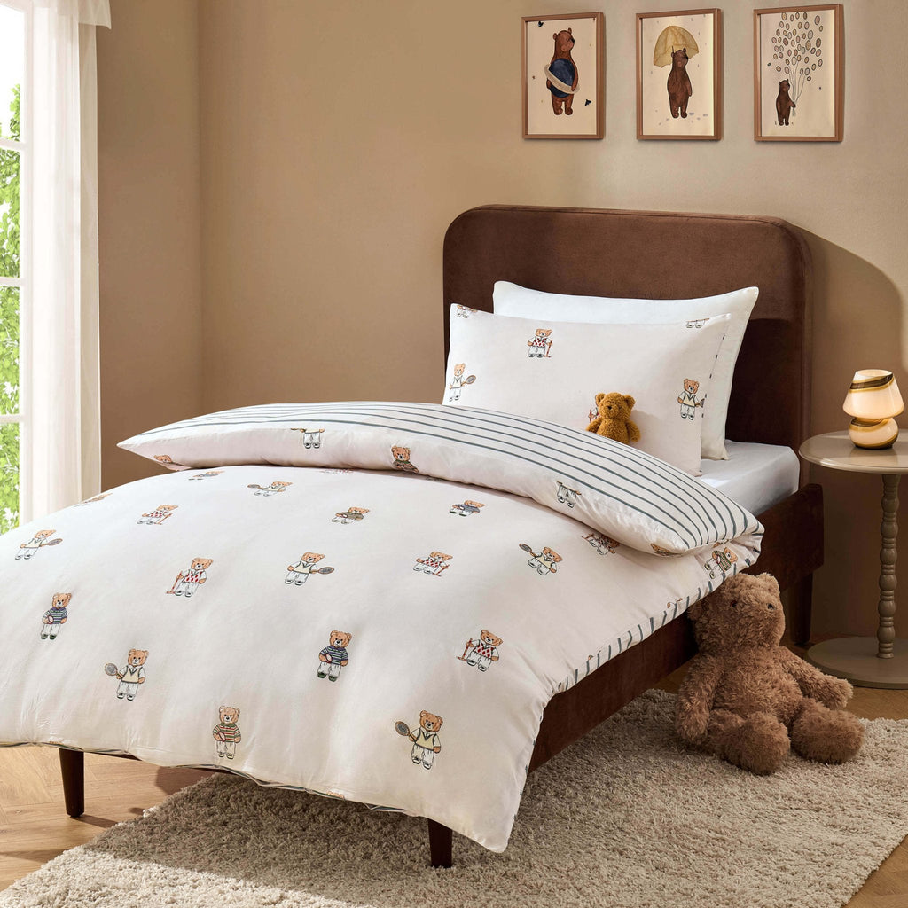 Dusklia - Teddy Bear 100% Cotton Reversible Duvet Cover & Pillowcase set - Natural