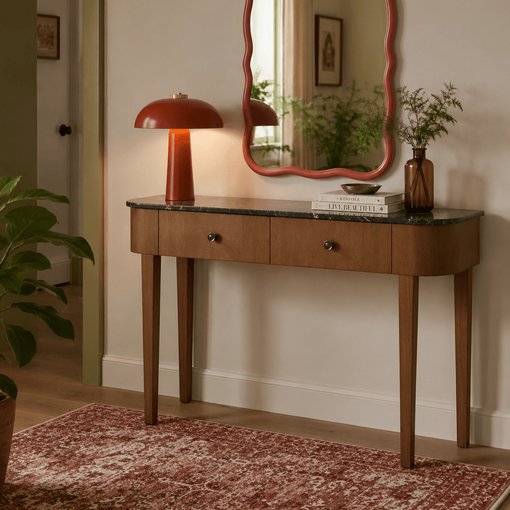 Dusklia - Tilda Console Table - Mid Wood/Marble Top