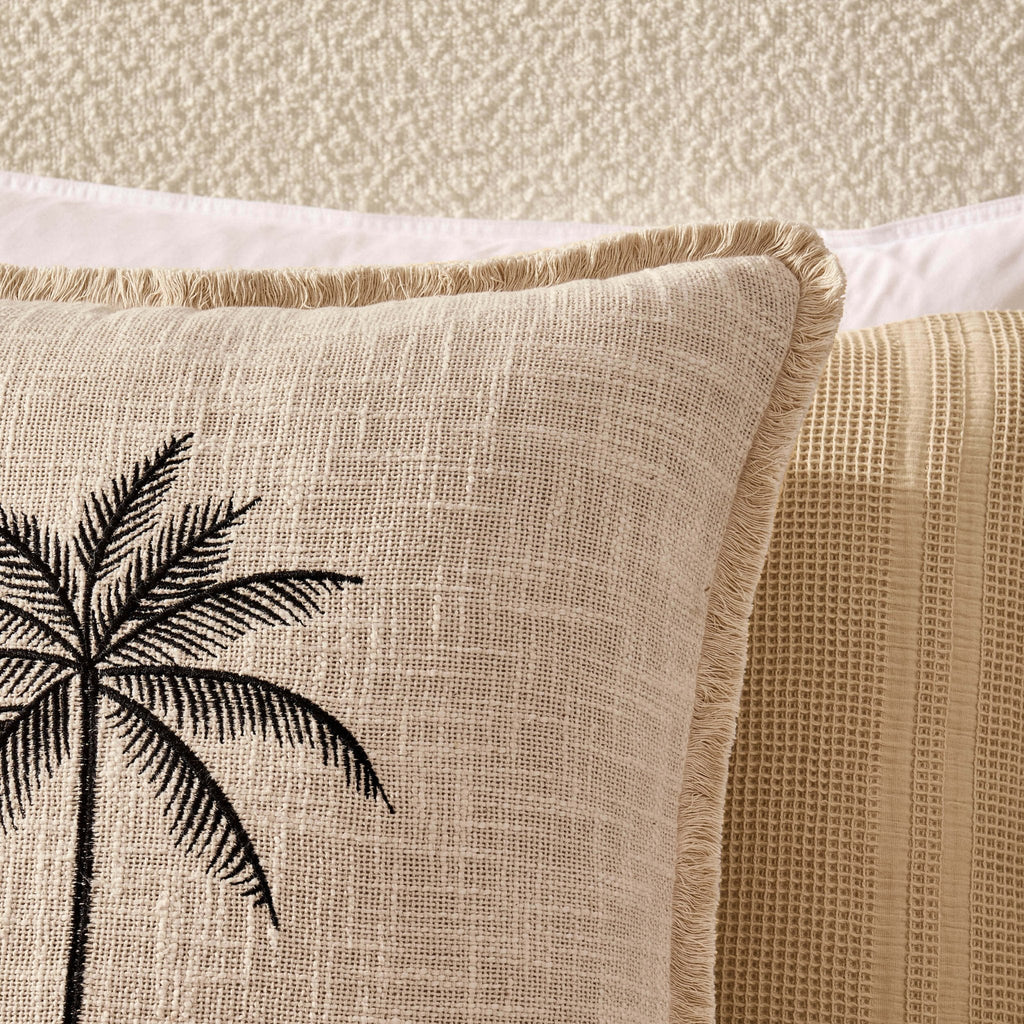 Dusklia - Tufted Edge Embroidered Palm Tree Cushion Cover - Off White