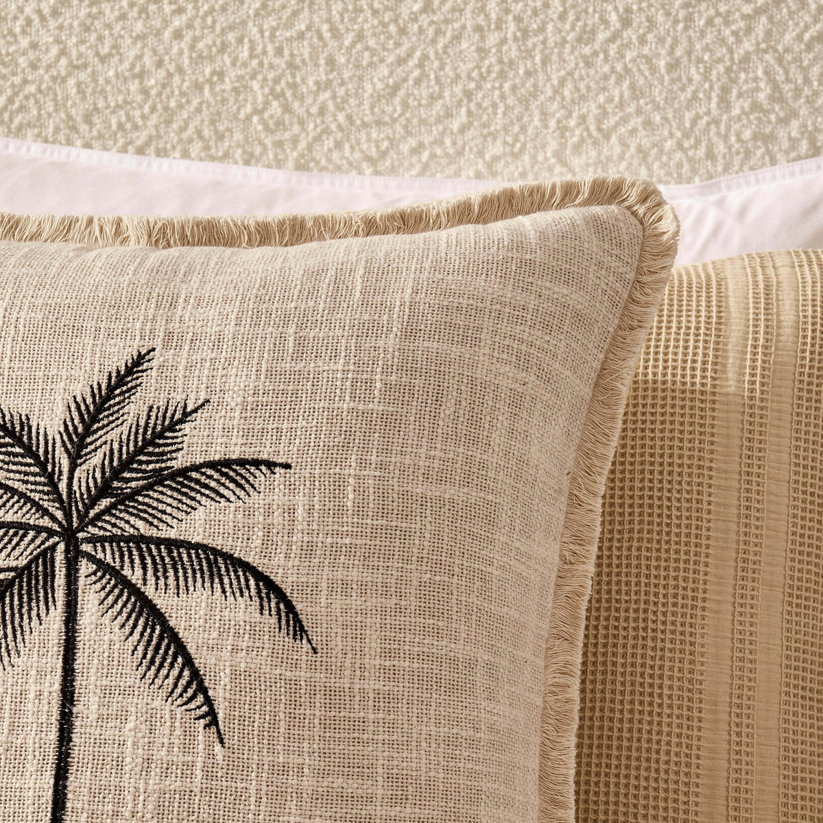 Dusklia - Tufted Edge Embroidered Palm Tree Cushion Cover - Off White