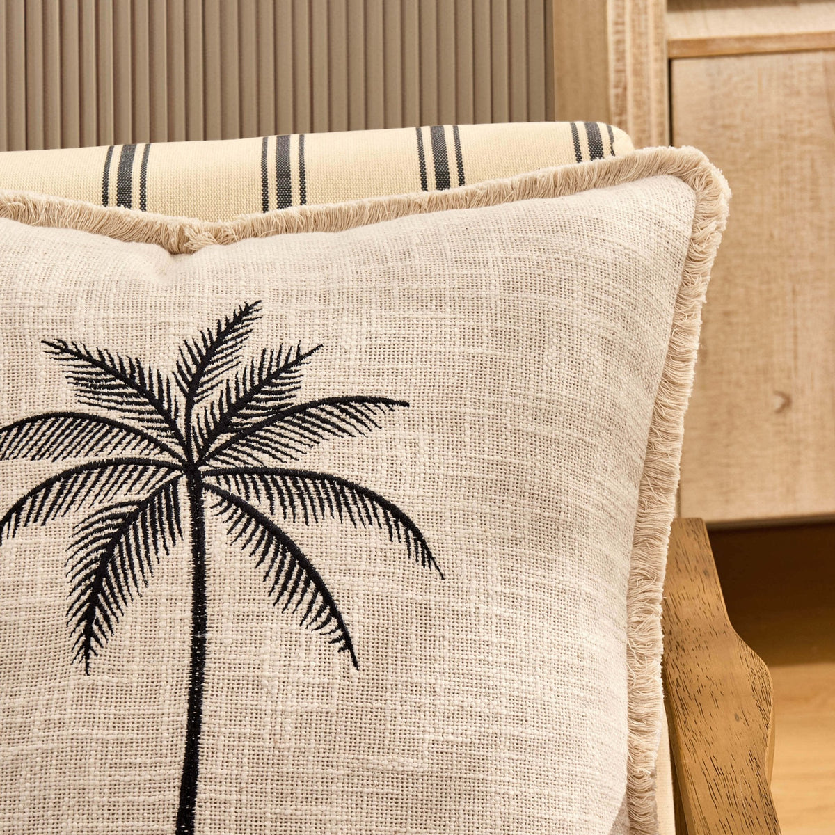 Dusklia - Tufted Edge Embroidered Palm Tree Sofa Cushion Cover - Off White