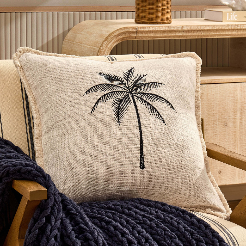 Dusklia - Tufted Edge Embroidered Palm Tree Sofa Cushion Cover - Off White