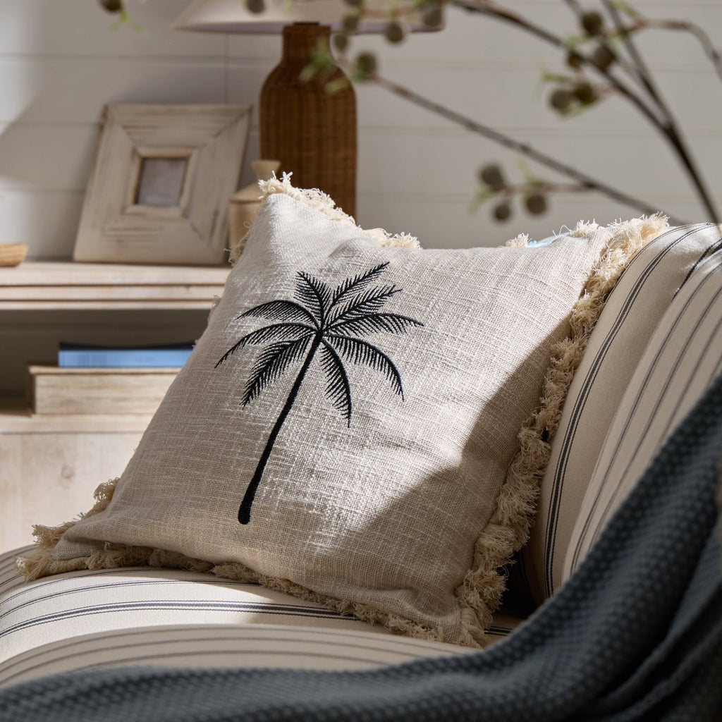 Dusklia - Tufted Edge Embroidered Palm Tree Sofa Cushion Cover - Off White