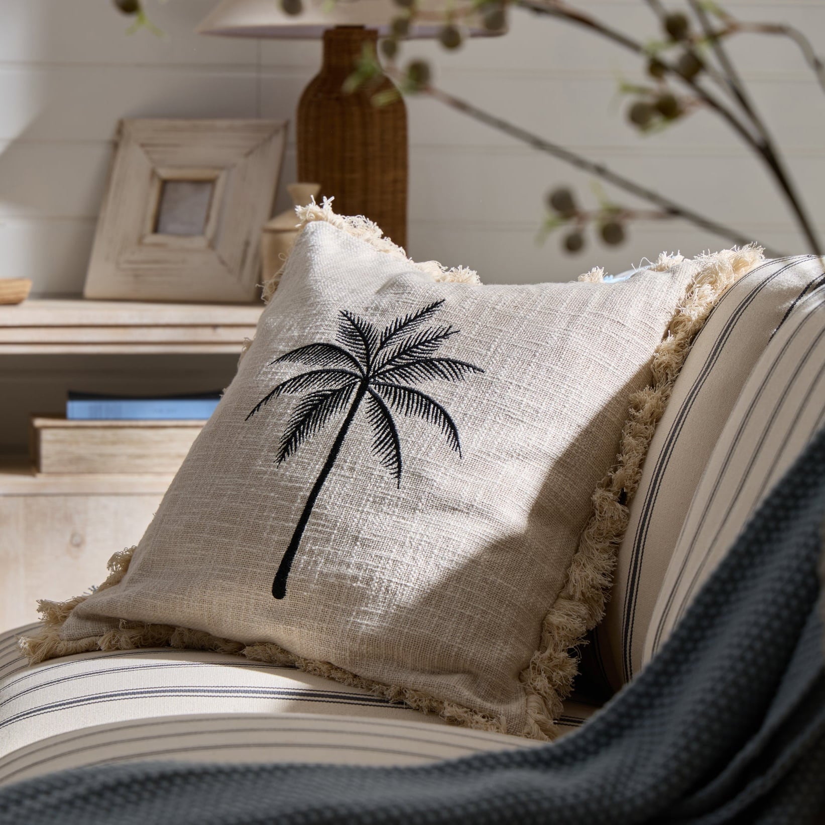Dusklia - Tufted Edge Embroidered Palm Tree Sofa Cushion Cover - Off White