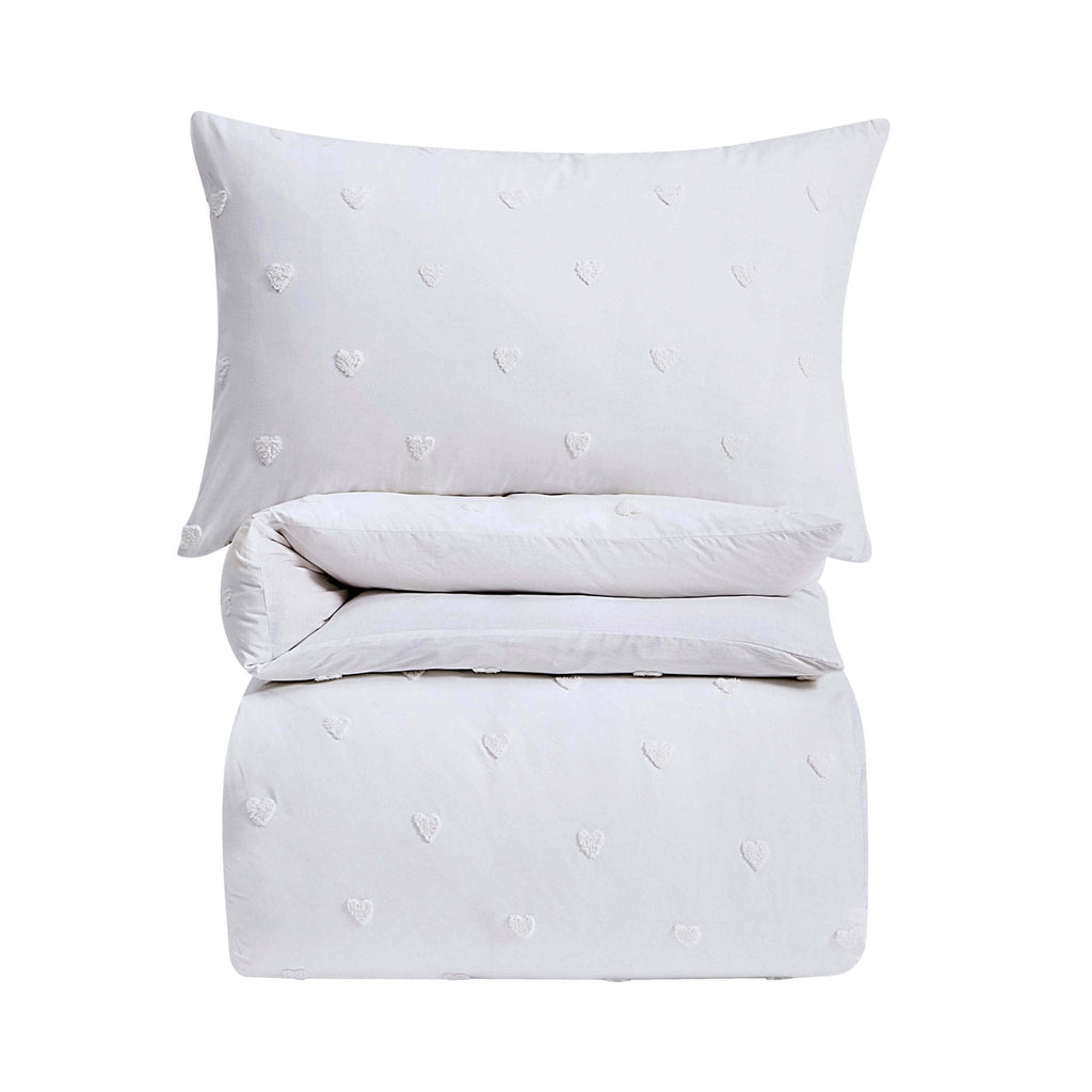 Dusklia - Tufted Heart Jacquard 100% Cotton Duvet Cover & Pillowcase set - White