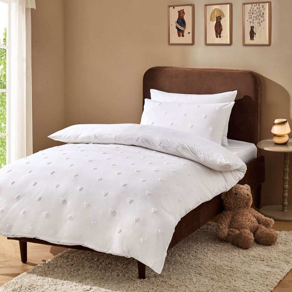 Dusklia - Tufted Heart Jacquard 100% Cotton Duvet Cover & Pillowcase set - White