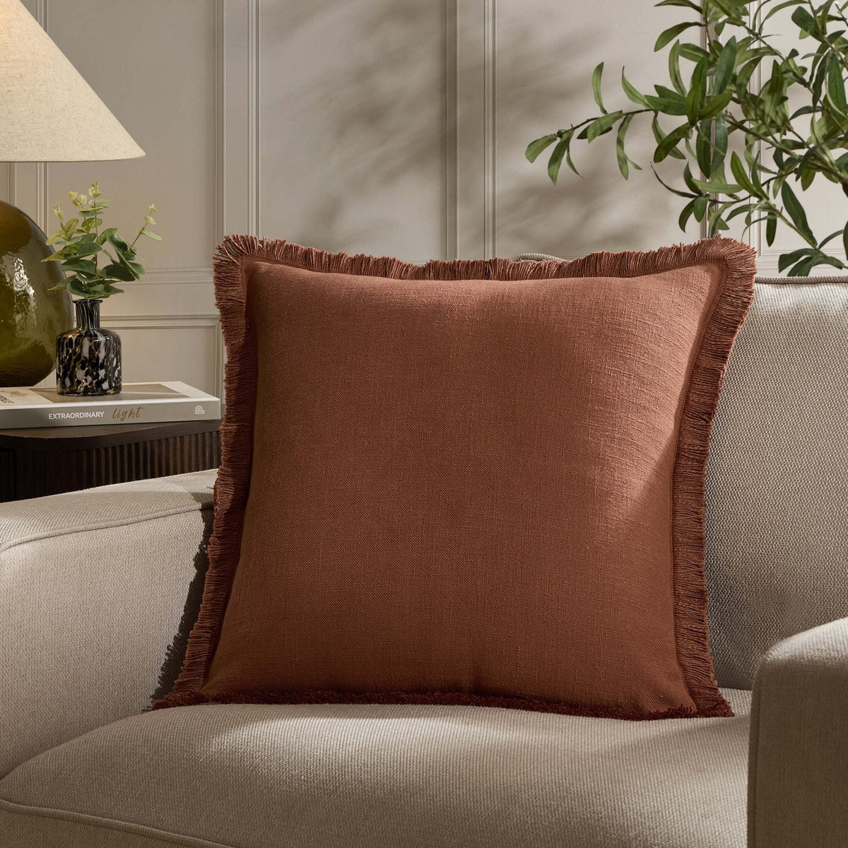 Dusklia - Cotton Fringed Edge Sofa Cushion Cover - Burnt Orange