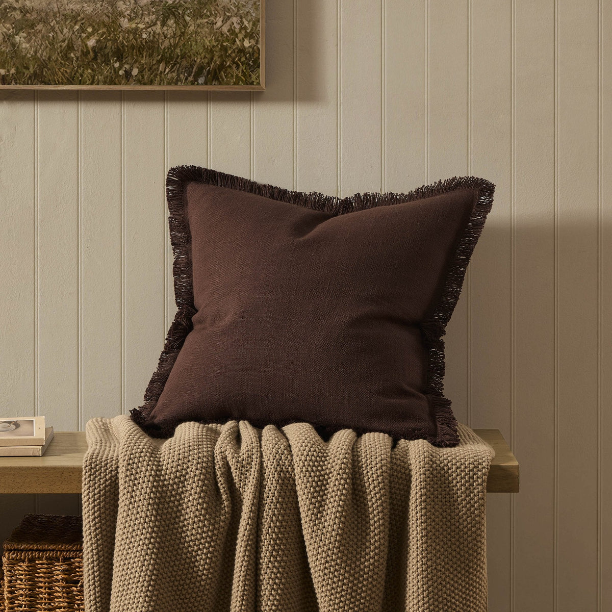 Dusklia - Cotton Fringed Edge Sofa Cushion Cover - Chocolate