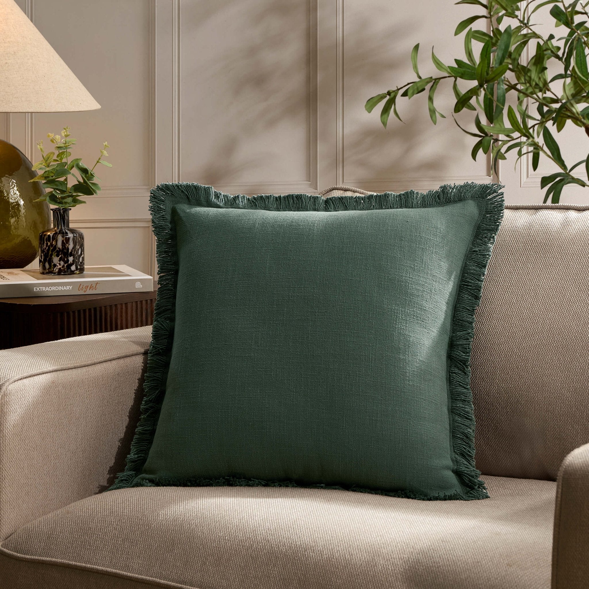 Dusklia - Cotton Fringed Edge Sofa Cushion Cover - Forest Green