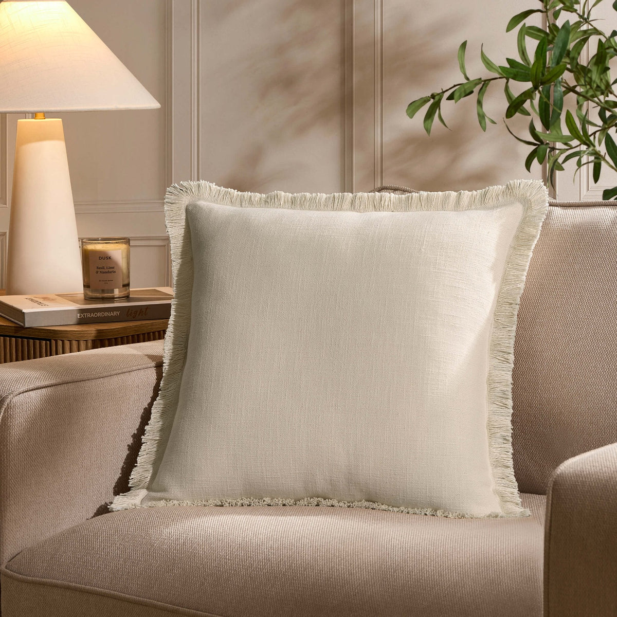 Dusklia - Cotton Fringed Edge Sofa Cushion Cover - Natural